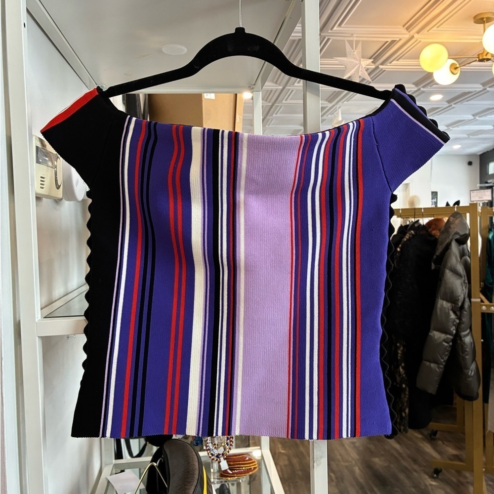 Opening ceremony striped off the shoulder top purple and white size S